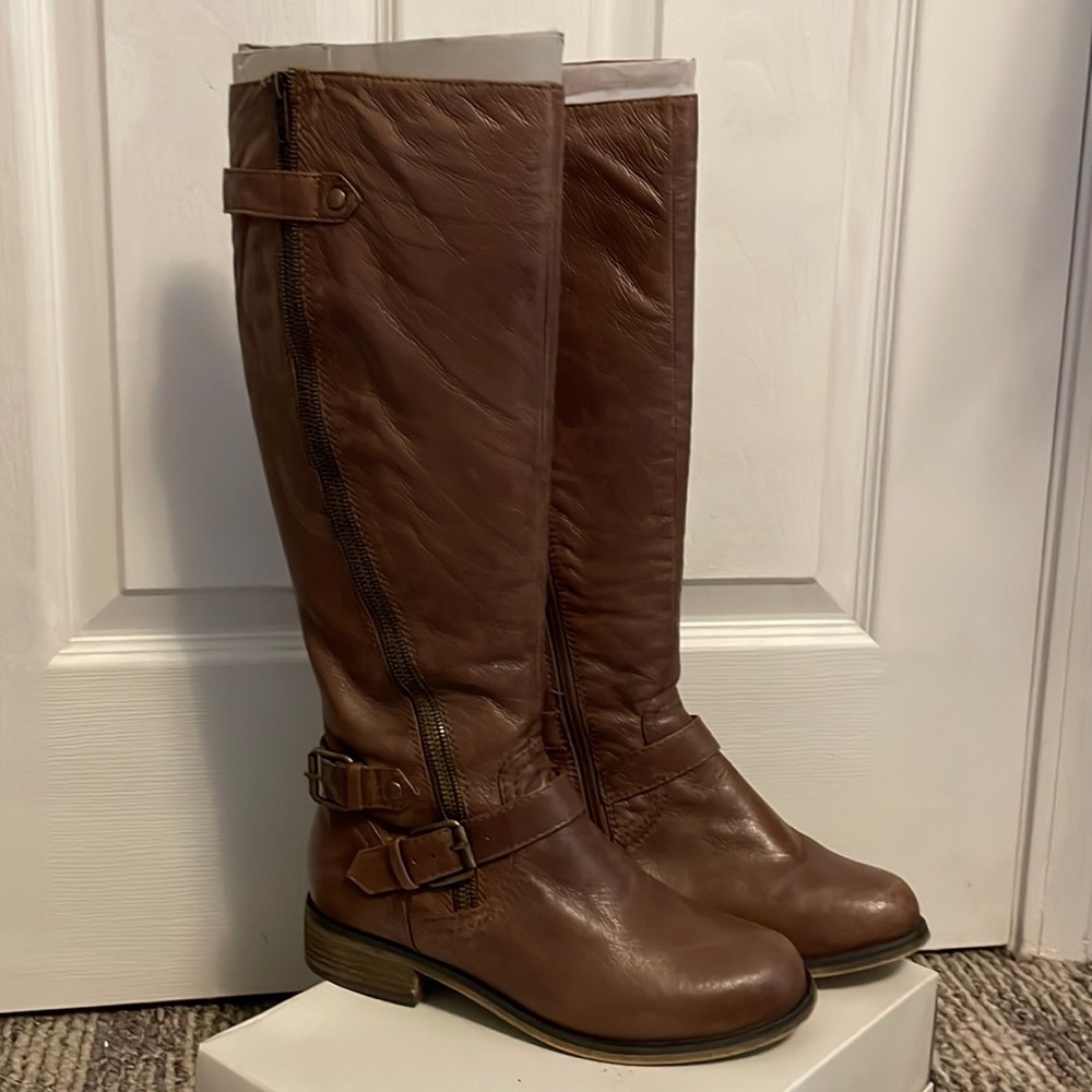 Steve Madden brown knee-high riding boots with buckle-detailing